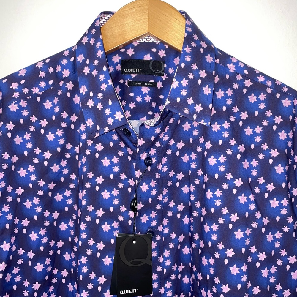 QUIETI Men's Medium Button Down Shirt Modern Fit Blue & Pink Floral NWT Artsy